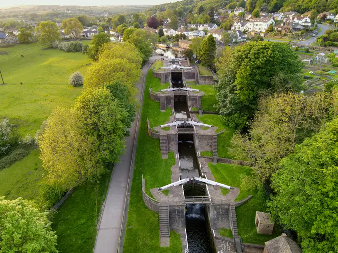 The Bingley Five rise, part of the Leeds & Liverpool Canal as seen from above in Yorkshire