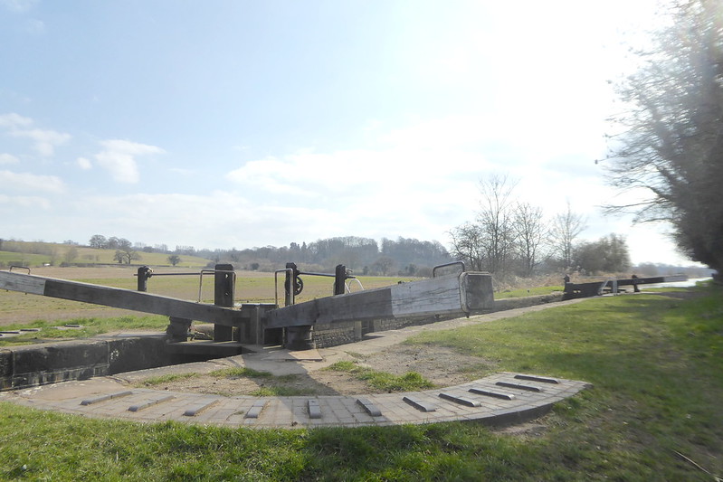 Lock gates on the Llangollen canal with open views in the background